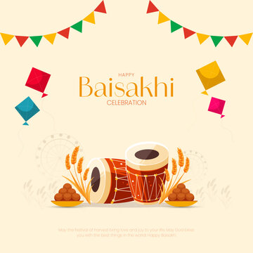 Happy Baisakhi Celebration Poster with Dhol, Kites and Harvest Festival Elements