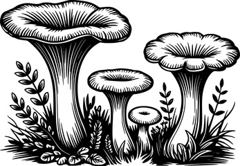 Black and white woodcut style of chanterelle mushrooms growing in grass and foliage © Anjuman_42