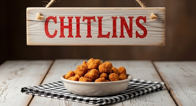 A Bowl of Chitlins on a Rustic Table with a Sign