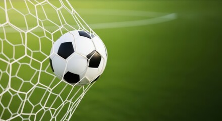 Fototapeta premium Soccer ball flying into goal net on green grass field