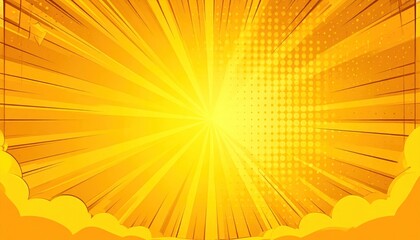 Obraz premium Dynamic Yellow Orange Comic Background with Radial Sunburst, Halftone Dots, and Cloud Elements