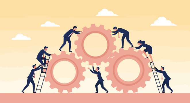 Teamwork and collaboration: Business people working together to turn gears, symbolizing success and synergy.