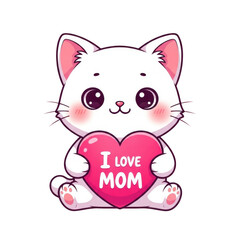 Fototapeta premium Cute white cartoon cat holding pink heart with i love mom text isolated on a transparent background
