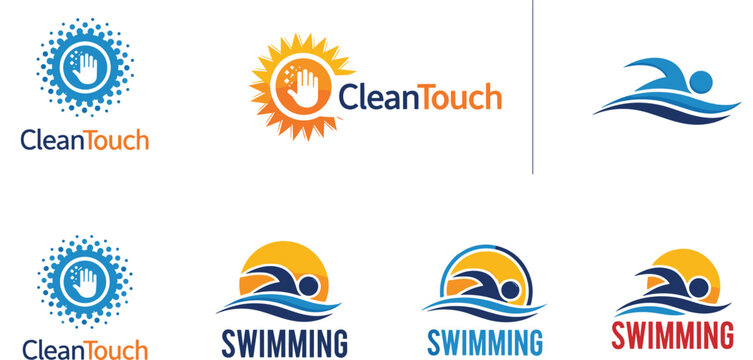 Cleaning service and swimming logo collection with water wave sun and hygiene symbols vector illustration isolated on white background