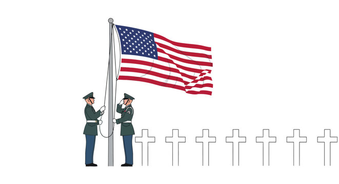 Two soldiers raising the American flag at a cemetery with white crosses, symbolizing remembrance and honor