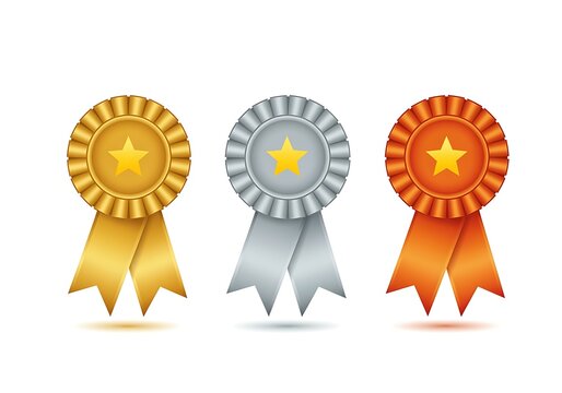 Gold silver orange award ribbons with stars on white background  award symbols