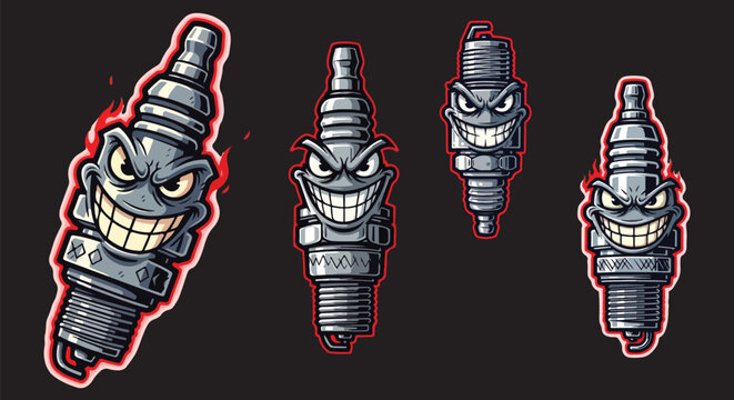 Aggressive spark plug mascot vector set, 4 angry automotive engine character illustrations, cartoon sparkplug stickers for racing and garage branding