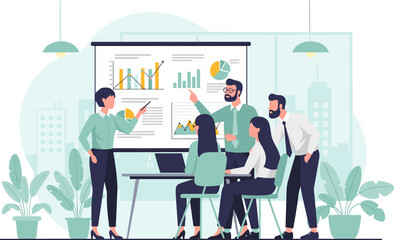 Fototapeta premium Business team discussing charts on projector screen in modern office with green plants in natural lighting for corporate presentation