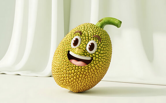 A smiling jaca fruit with cartoon eyes and mouth