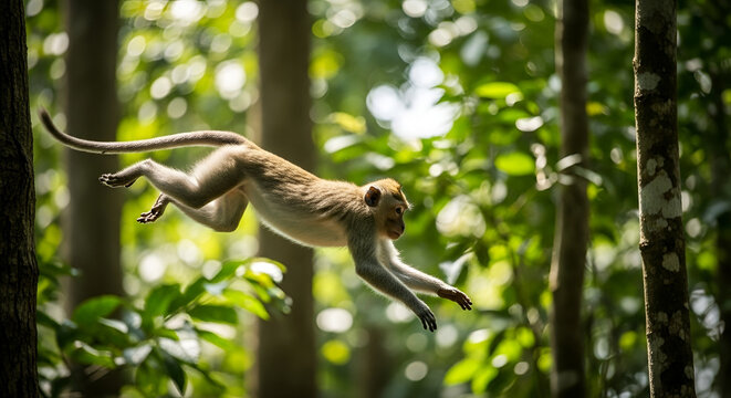A baby wild monkey jumping from one branch of tree to other branch in a big forest and on his background big and long trees with lot of green leaves are showing on a baby monkey wildlife illustration 