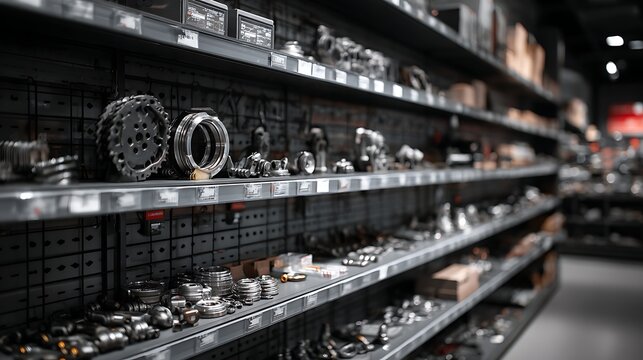 Awesome photo of metal mechanical spare parts and gears on warehouse shelves.