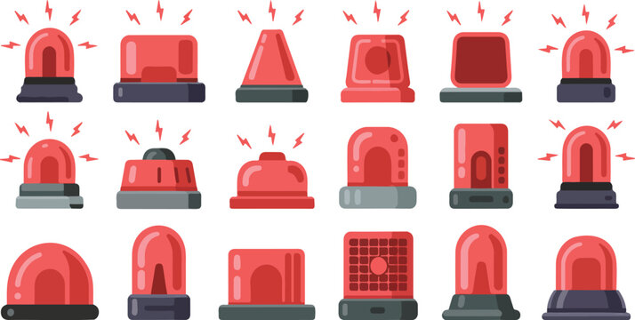 Emergency siren icon set with red beacon alarm lights glossy flashing police ambulance signal warning vector illustration
