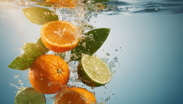 Vibrant citrus harvest of fresh oranges, limes, and verdant leaves splash dynamically into crystal clear water, creating an invigorating, effervescent display