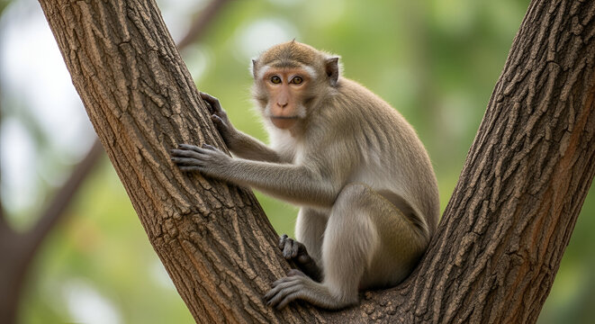 A small wild monkey is sitting on a tree between two branch in a forest in background of this wild monkey is multiple green color plants and trees are showing on a wild monkey illustration 