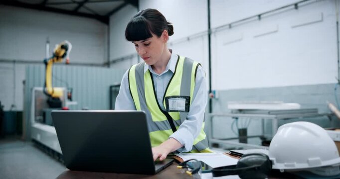 Woman, engineer and document with laptop at warehouse for research, machine update or technical guide. Person, pc or production manual, automation information and diagnostics report for manufacturing