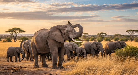 Fototapeta premium A group of wild elephants is in barrel dry grass grassland and surrounded by dry grass and trees at evening time and sunlight streaming everywhere in sky a wildlife illustration 