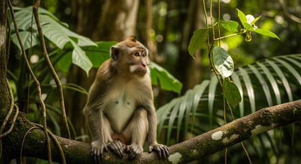 Fototapeta premium A brown color wild monkey sitting on a tree branch in a forest and surrounded by green leaves and big trees in a day time this landscape image shows wildlife illustration of a monkey