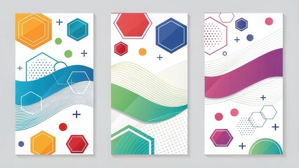 Naklejka premium Set of Modern Abstract Geometric Vertical Banners with Colorful Shapes and Minimal Design Elements