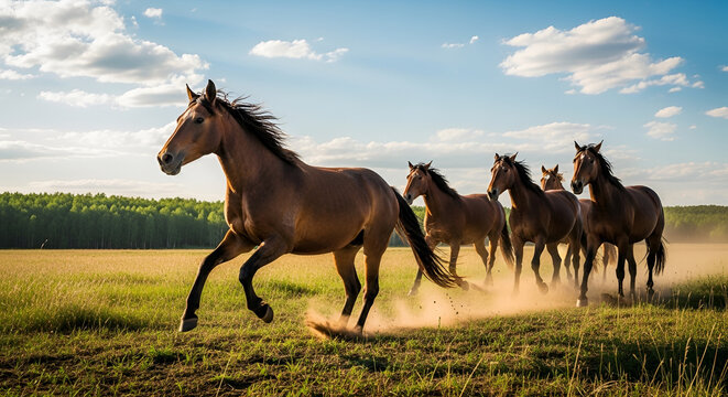 A group of domestic brown hourse running in a green field in a line under blue color sky and clouds and sunlight streaming on these horses illustration 