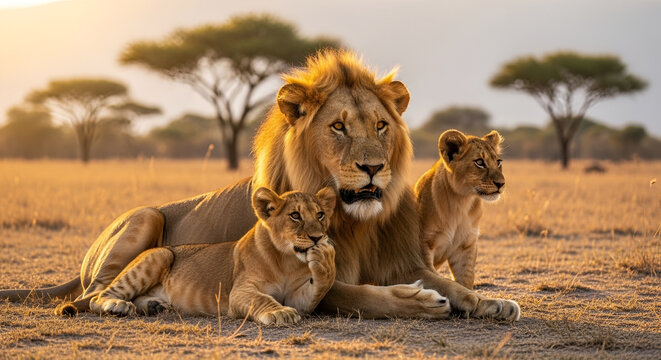 The king of forest lion with his two baby cups sitting on grassland and looking at somewhere and behind him dry grass grown on ground perfect shot of predator of wildlife png illustration 