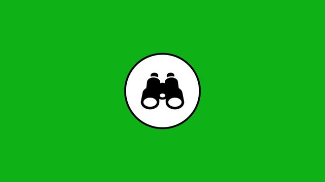 Binoculars icon animation in a white circle on a green screen background.