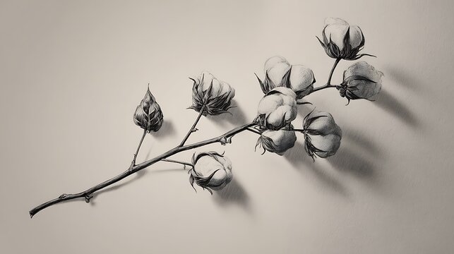 Awesome photo of detailed black and white sketch of a cotton plant branch with bolls on a light background.