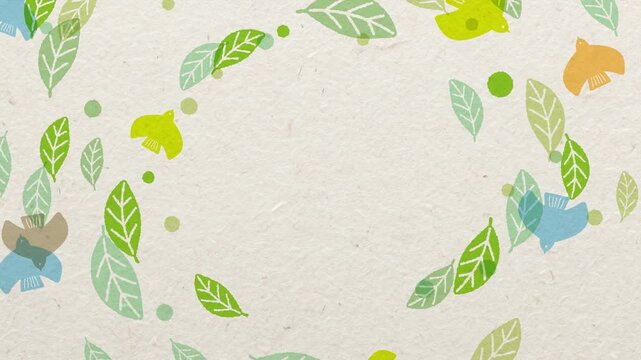 Birds and leaves rotating around central copy space