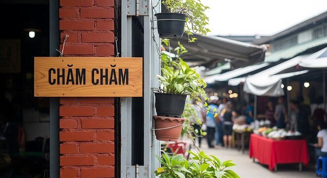 cham cham sign with potted plants at outdoor market