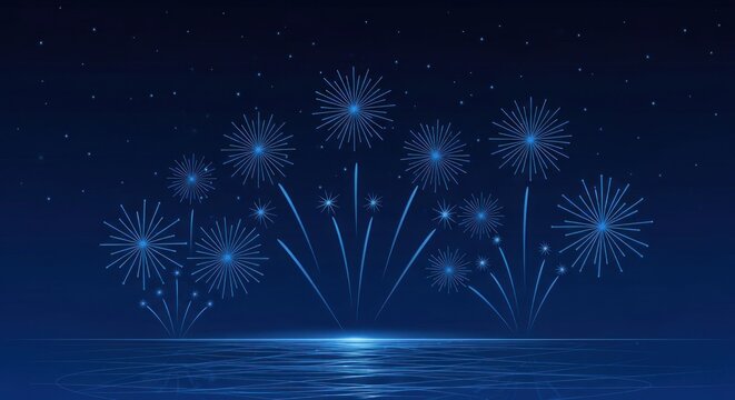 Blue fireworks against a dark sky with stars.