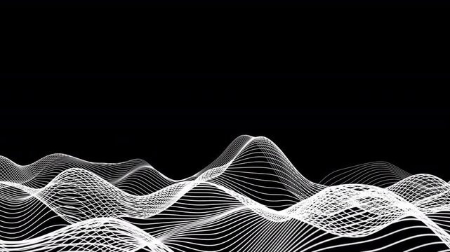 White 3d wave curves on black background with abstract lines wavy motion, 4K looped animation	
