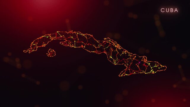 A dynamic motion video showcasing the Cuba country border through a colorful plexus reveal. Glowing red and orange dots represent high-tech data communication and global digital networks.