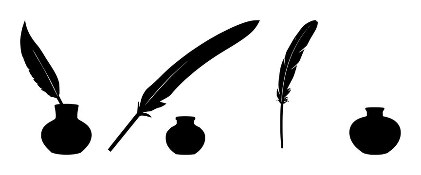 Quill and inkpot set with black silhouette design featuring writing tools, classic decor, stationery with ink and feathers