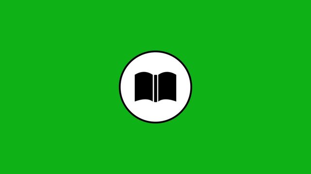 Open book icon in white circle on green background, simple animation.