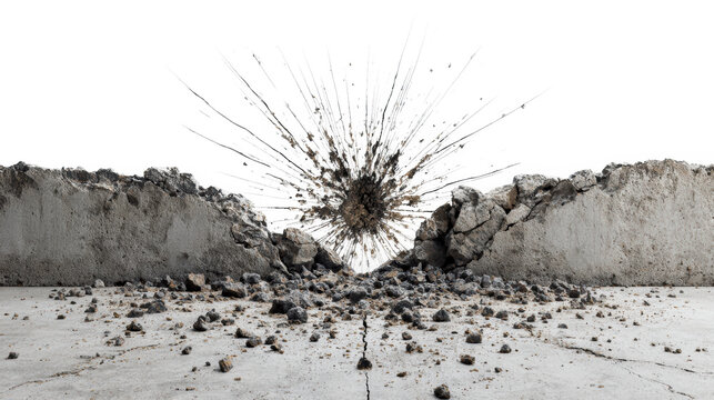 Massive impact ruptures a sturdy concrete barrier and ground, creating an explosive blast of flying fragments.