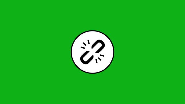 Broken link icon animation on green screen background showing connection failure and error.