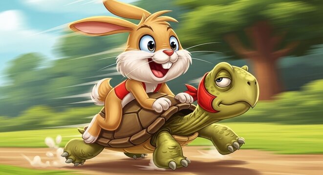 A cartoon rabbit riding a turtle in a park.