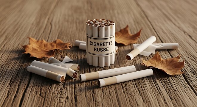 Cigarette Russe on a Wooden Surface with Dry Leaves