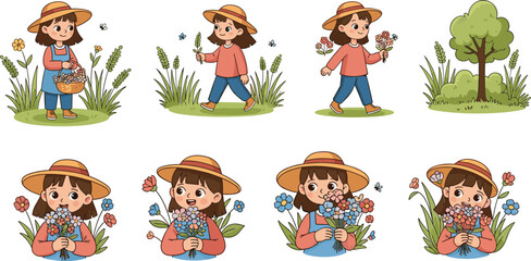 Fototapeta premium Cute Girl Picking Wildflowers Illustration Set with Child Gardening, Holding Flower Bouquets, and Spring Nature Cartoon Vector Collection