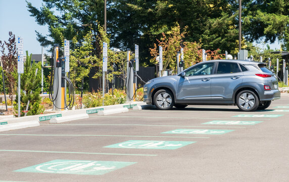 Olympia, Washington. USA - 06.29.2025 - Electric car charging station near the Capitol. alternative energy development concept, electric vehicle production