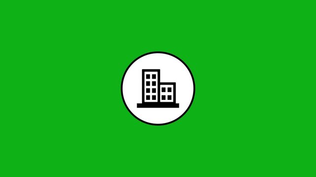 Animated buildings icon on green screen, black and white symbol appearing in a circle.