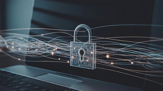 Modern digital security lockpad over connected network lines on laptop