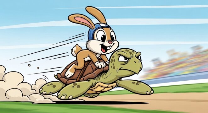 A cartoon rabbit riding a turtle on a race track.