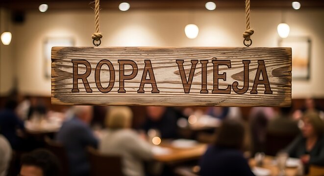 Ropa Vieja Restaurant Sign in a Bustling Dining Room
