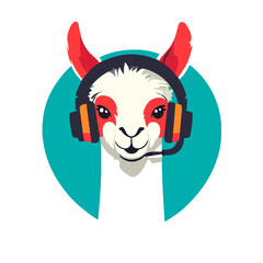Naklejka premium Llama With Headset Cartoon Illustration - Cute Animal in Call Center or Gaming Setup on Green Background. Vector Isolated Mascot Character Design, Generative AI