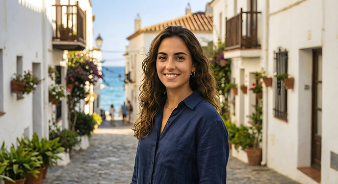 Retrato de una joven mujer espa&ntilde;ola con camisa de lino en una calle soleada.