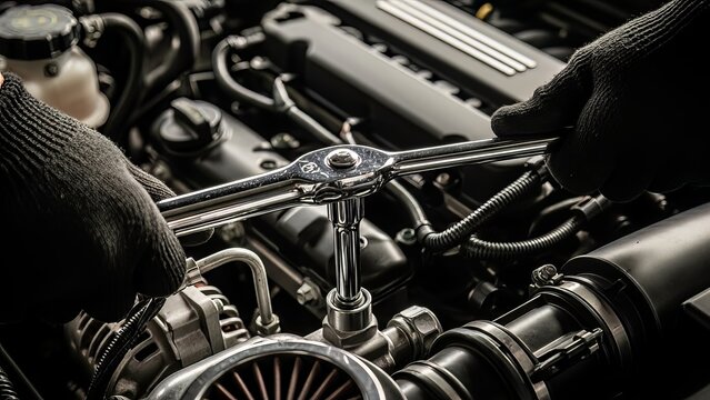 Mechanic's hands wearing gloves use a wrench to tighten a bolt on a car engine, showcasing automotive repair and maintenance services