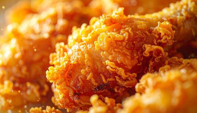 Close up of golden fried chicken pieces with crispy texture