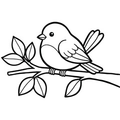Obraz premium Cute Little Bird Perched on a Branch with Leaves - Coloring Page