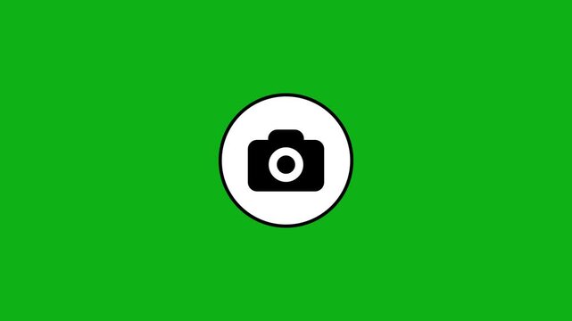 Camera icon animation zooming into focus on white circle with green screen background clip.