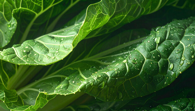 Close up of vibrant green leafy vegetables with water droplets
